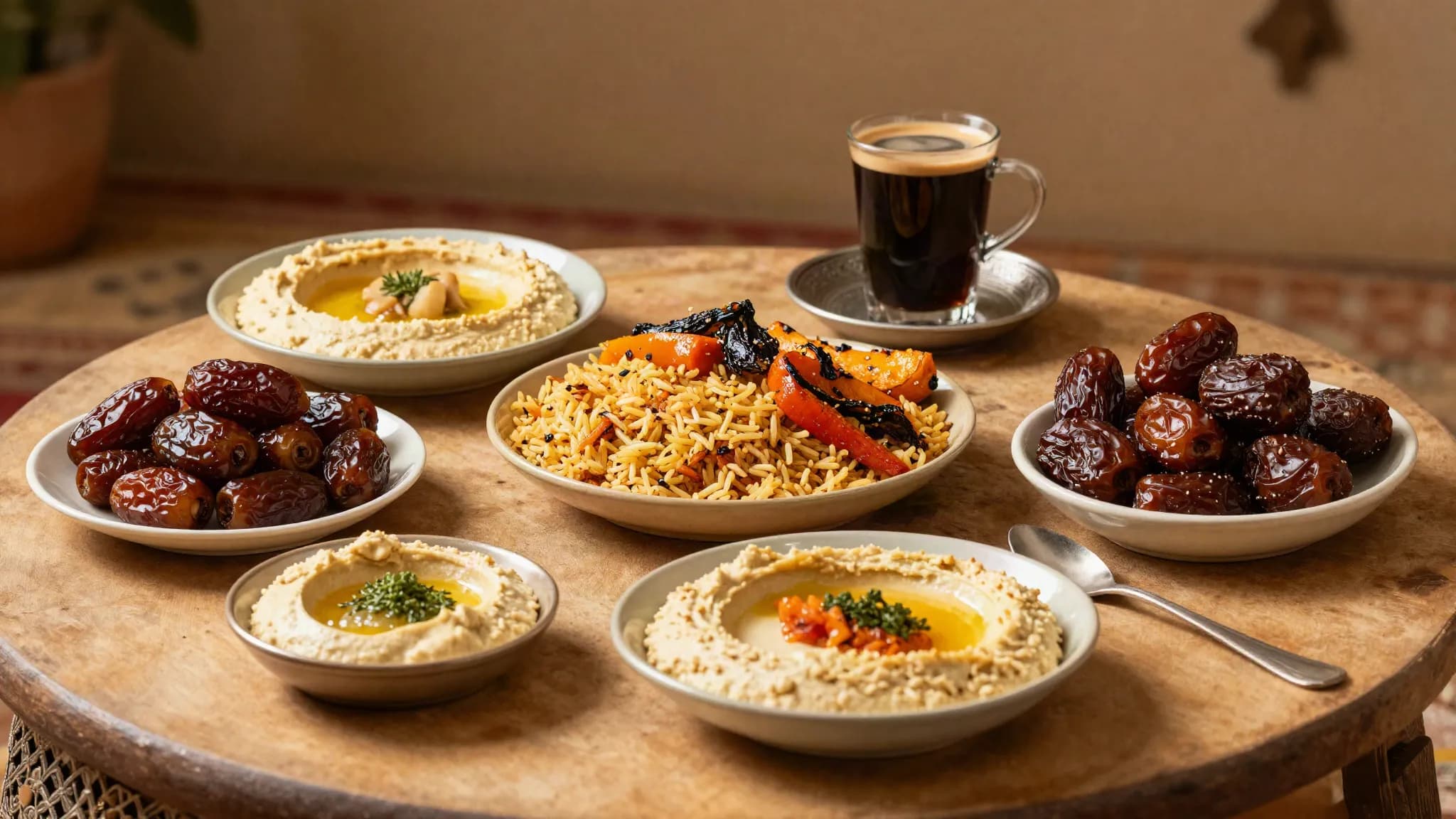 A vegan Saudi spread of rice, vegetables, dates and coffee