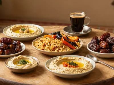A vegan Saudi spread of rice, vegetables, dates and coffee