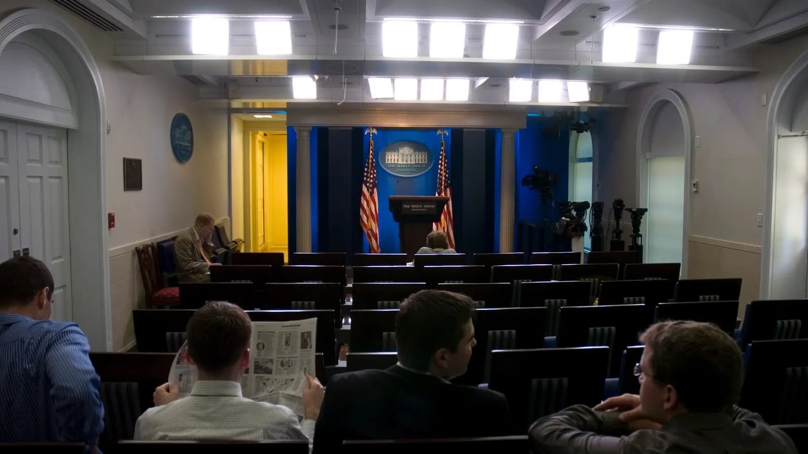 The James S. Brady Press Briefing Room at the White House, empty, photographed in 2007