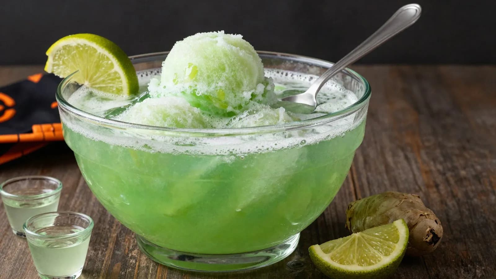Editorial illustration of a witches brew Halloween punch: a glass bowl of green lime sherbet punch with foamy sherbet scoops, lime slices and a ladle on a dark table.