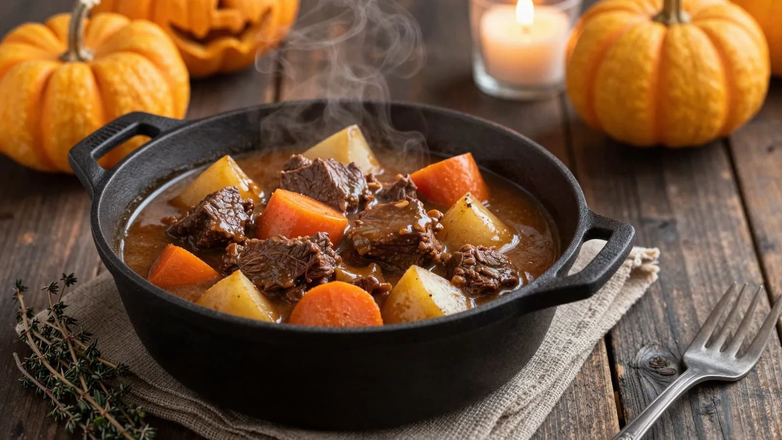 Editorial illustration of a beef stew with carrots and potatoes served in a small black cauldron-shaped pot on a dark wooden table beside small pumpkins, lit by candles