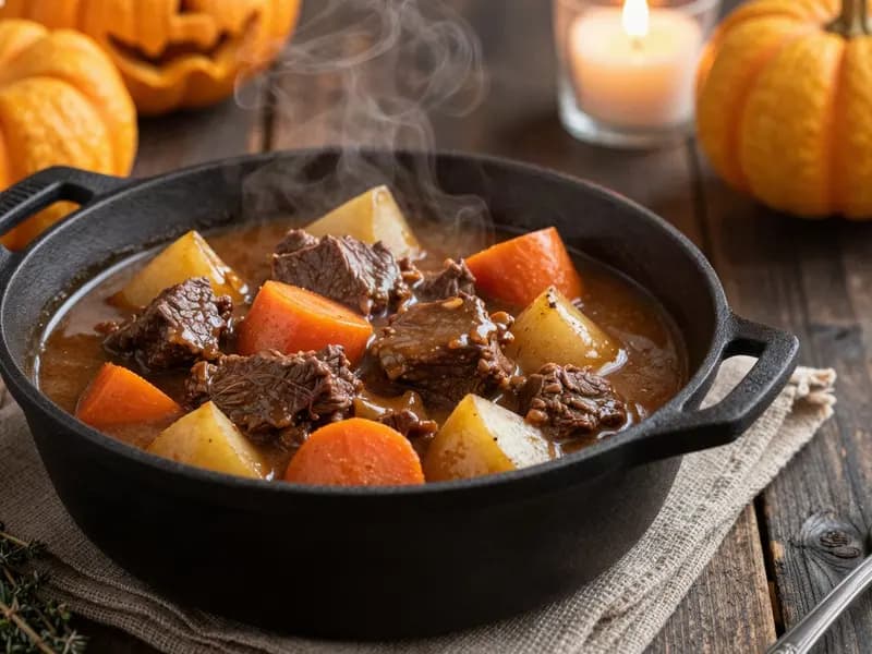 Editorial illustration of a beef stew with carrots and potatoes served in a small black cauldron-shaped pot on a dark wooden table beside small pumpkins, lit by candles