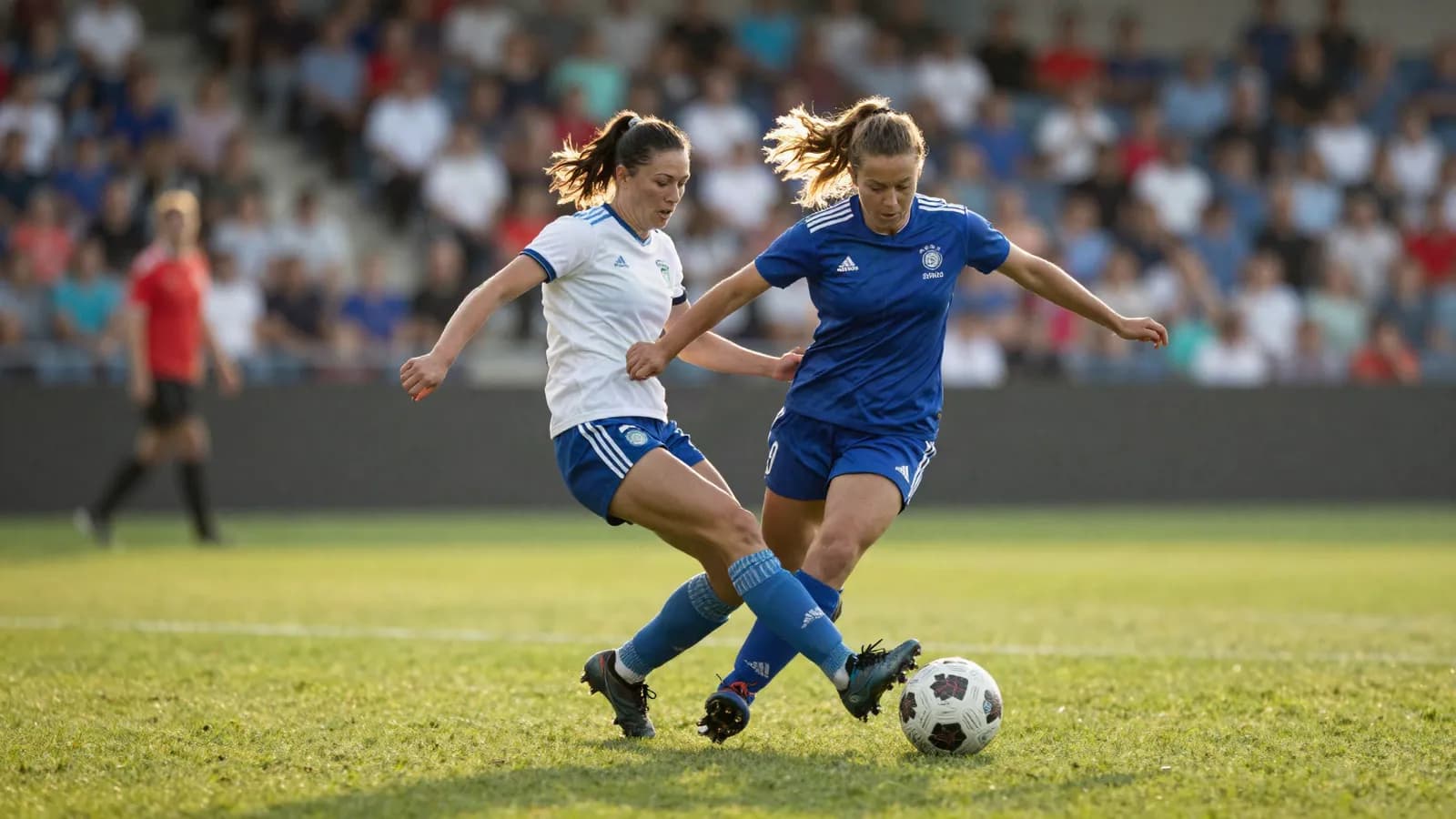 Players contesting the ball during a women's football match
