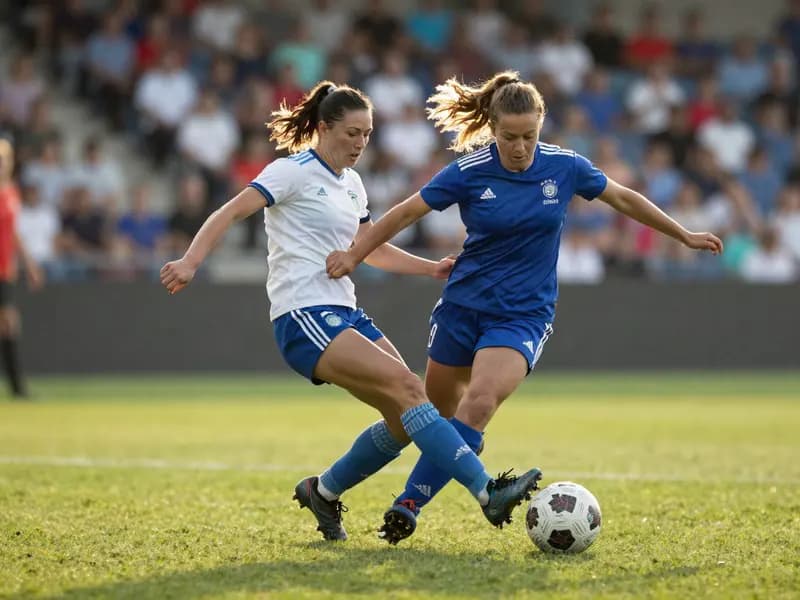Players contesting the ball during a women's football match