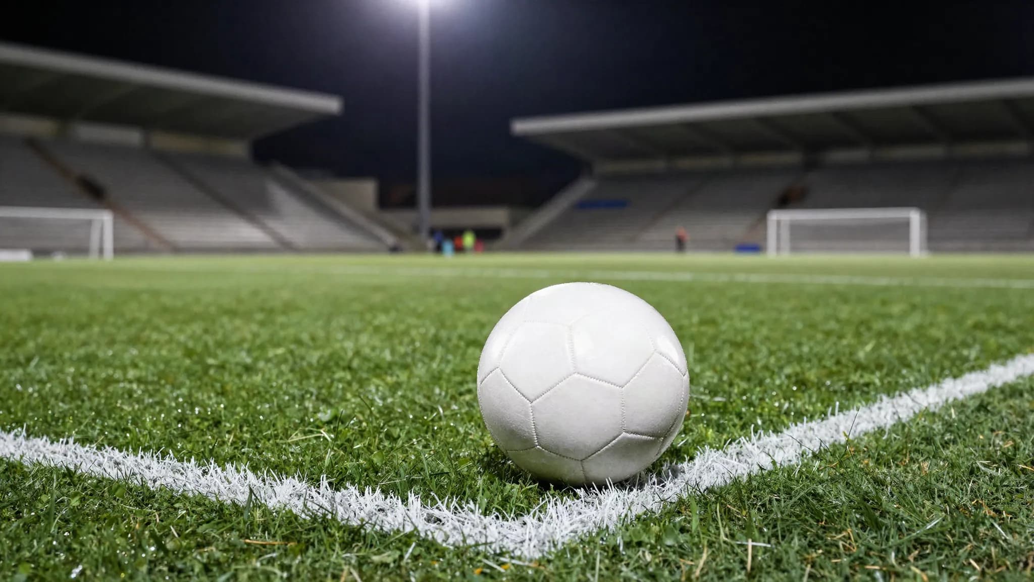 A football on floodlit turf inside the penalty area