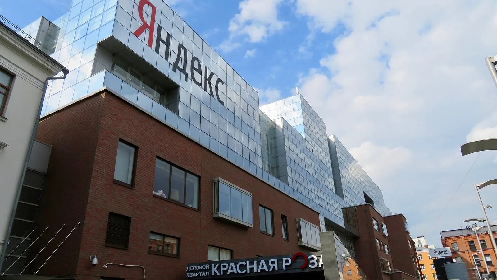 The glass front of Yandex's main office in Moscow with the company's name on the building, photographed in May 2019, a file photograph illustrative of the company and not of the data centres struck this week