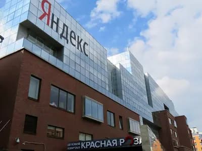 The glass front of Yandex's main office in Moscow with the company's name on the building, photographed in May 2019, a file photograph illustrative of the company and not of the data centres struck this week