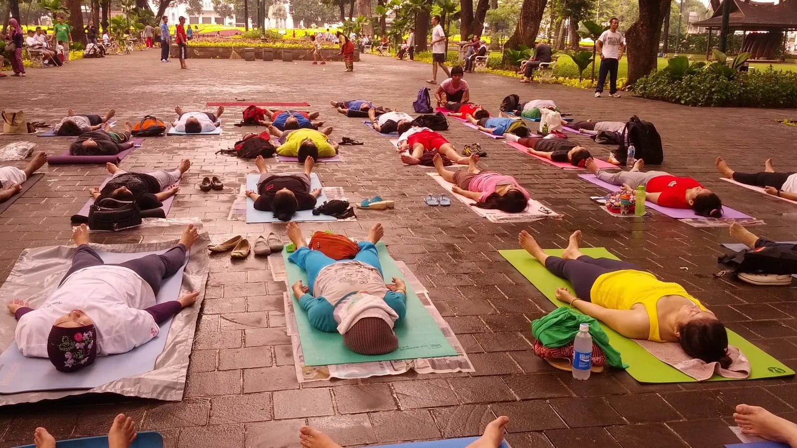 A group lying flat on their backs on mats in savasana during an outdoor session, which is the posture yoga nidra is practised in