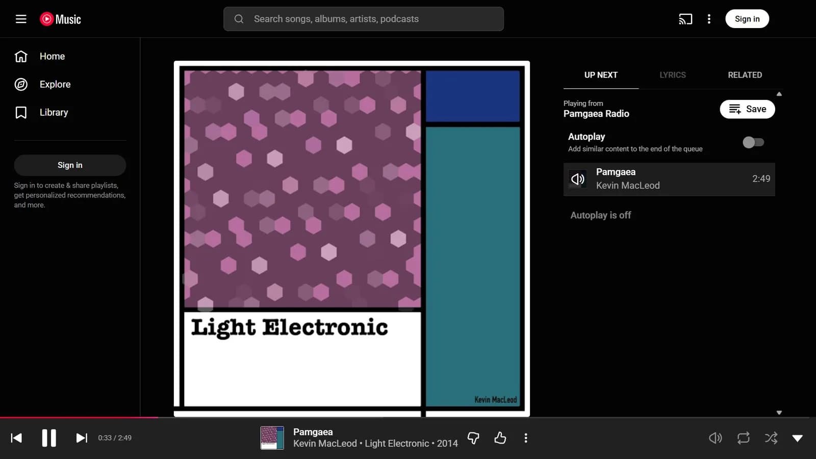 The YouTube Music web player showing a track by Kevin MacLeod with an up-next queue, a screenshot dated September 2025 that predates the new AI labels and does not show them