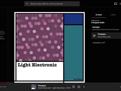 The YouTube Music web player showing a track by Kevin MacLeod with an up-next queue, a screenshot dated September 2025 that predates the new AI labels and does not show them